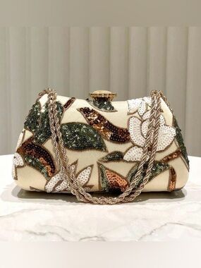 Embellished Cream Floral Sequin Clutch with Chain